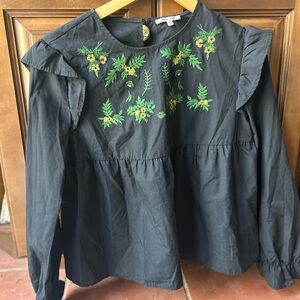 bleuh ciel Black Top with Green and Yellow Floral Embroidery blouse frills